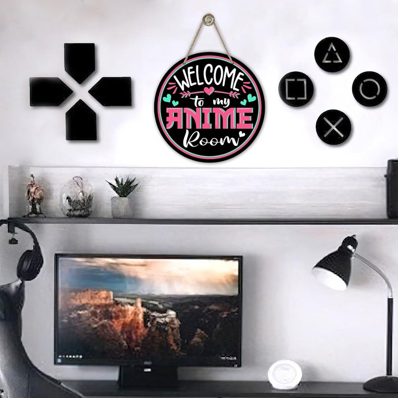 Bolisom Welcome to My Anime Room Front Door Sign, Anime Lovers Wood Door Hanger Girl Bedroom Decor, Funny Wooden Wreath Indoor Home Living Room Wall Hanging Decoration - Image 4